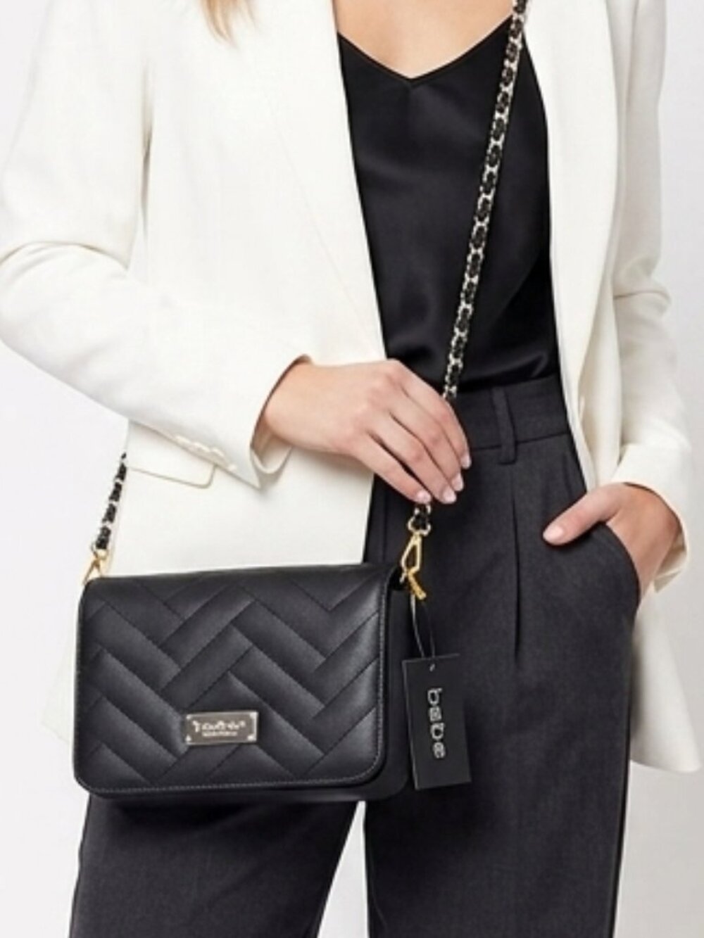 NWT Bebe Sophia Black Chevron Quilted Crossbody Bag